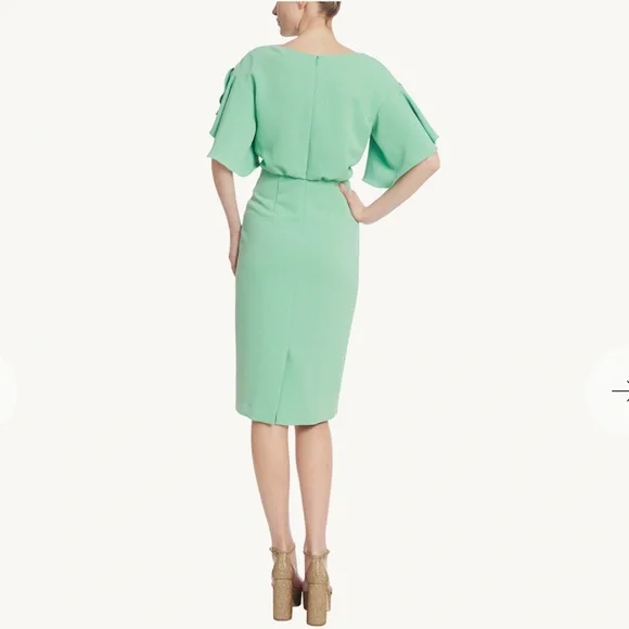 BADGLEY MISCHKA Green Blouson Sheath Dress Drapey Sleeves Cow Neck Size 16 NWOT‎ - Picture 3 of 12